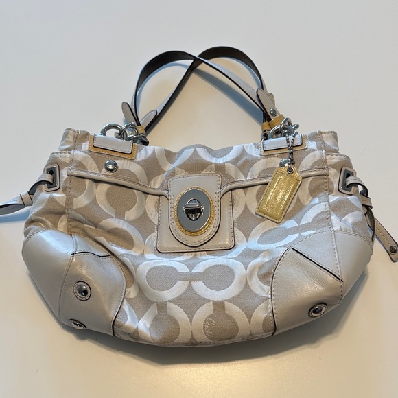 Coach Handbags - Coach Signature Gray Canvas Leather Trim Turnlock Satchel Shoulder Bag